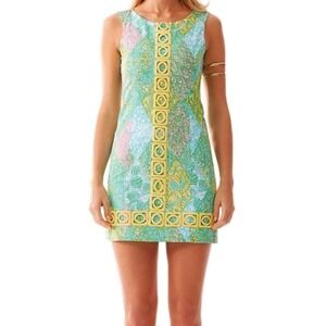 Lilly Pulitzer Mila Shift Dress Women 4 Green Yellow Sun Dance Lace Panel Resort